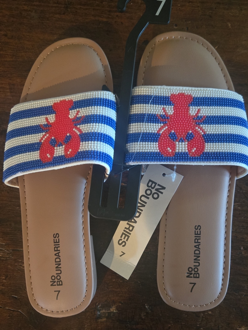 No Boundaries Blue & White Stripe Slide Sandals with Red Lobster Various Sizes
